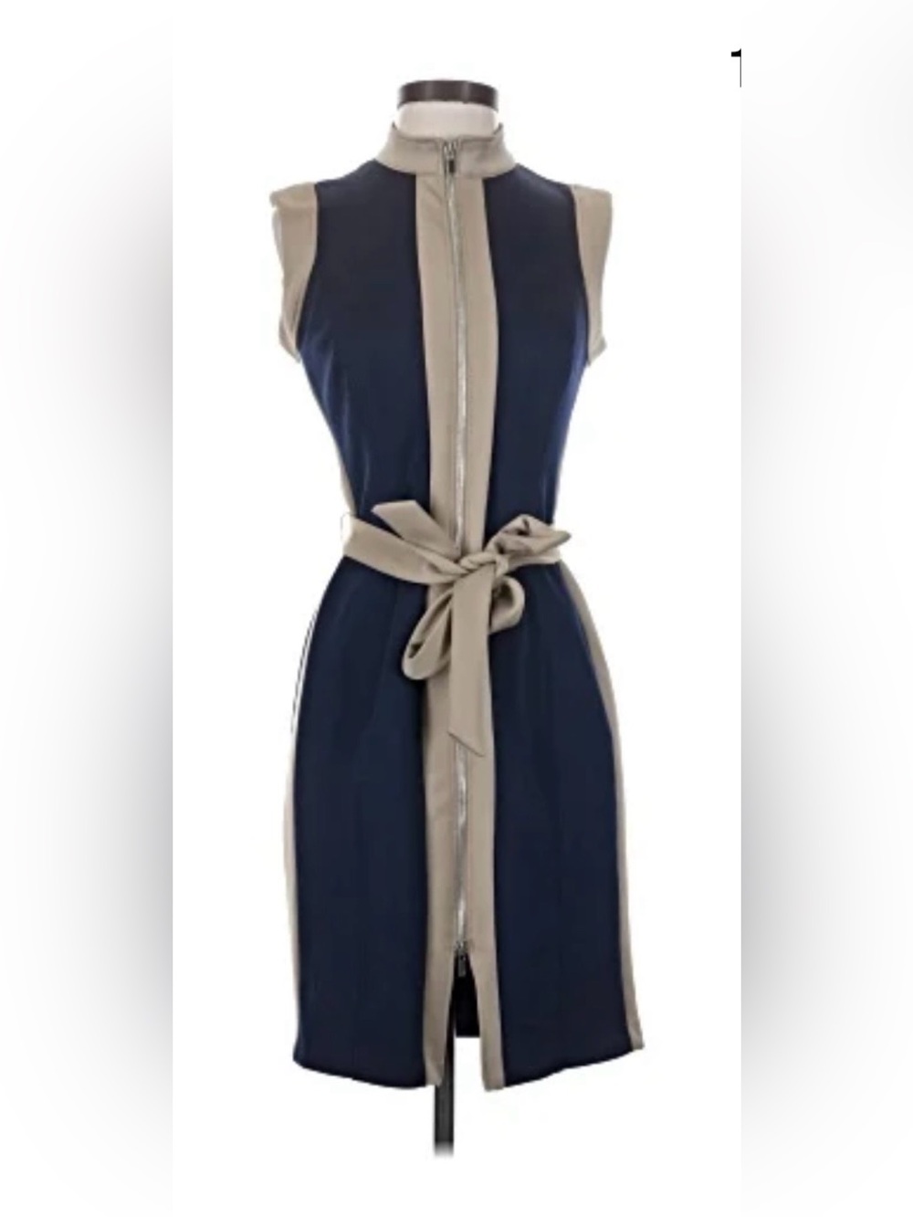 Enfocus Studio Navy and Tan Zip-Front Belted Midi Dress
